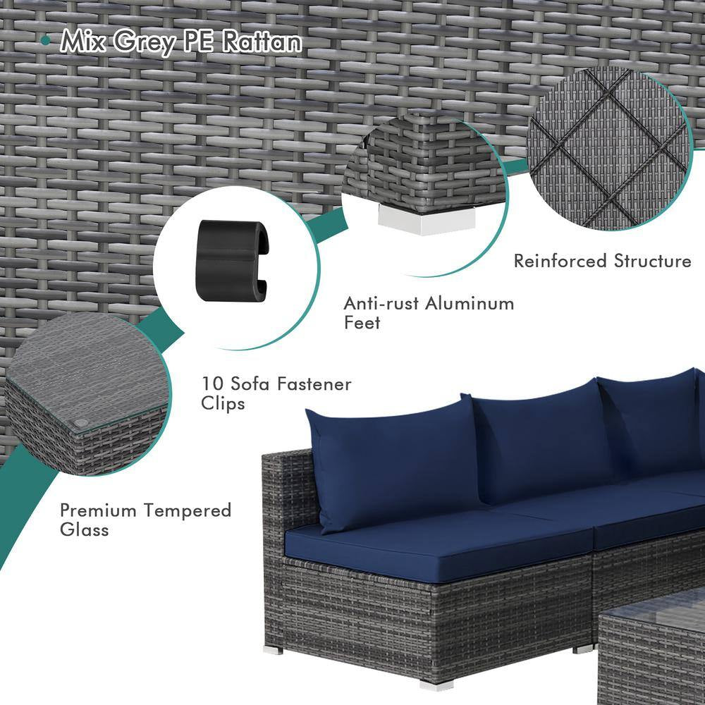 7-Piece Patio Rattan Furniture Set Sectional Sofa Cushioned Garden Navy