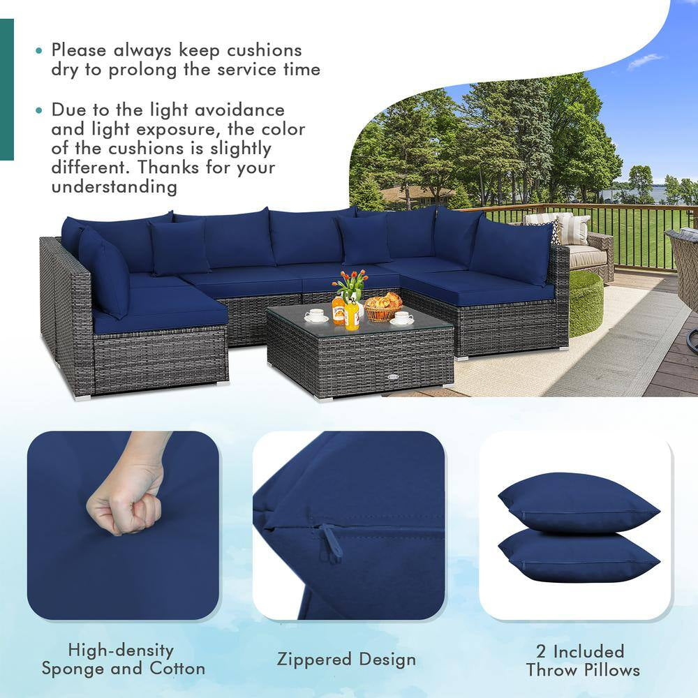 7-Piece Patio Rattan Furniture Set Sectional Sofa Cushioned Garden Navy