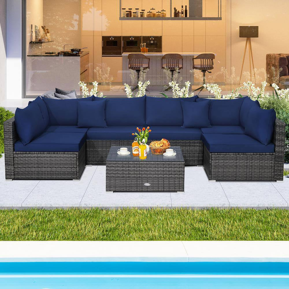 7-Piece Patio Rattan Furniture Set Sectional Sofa Cushioned Garden Navy
