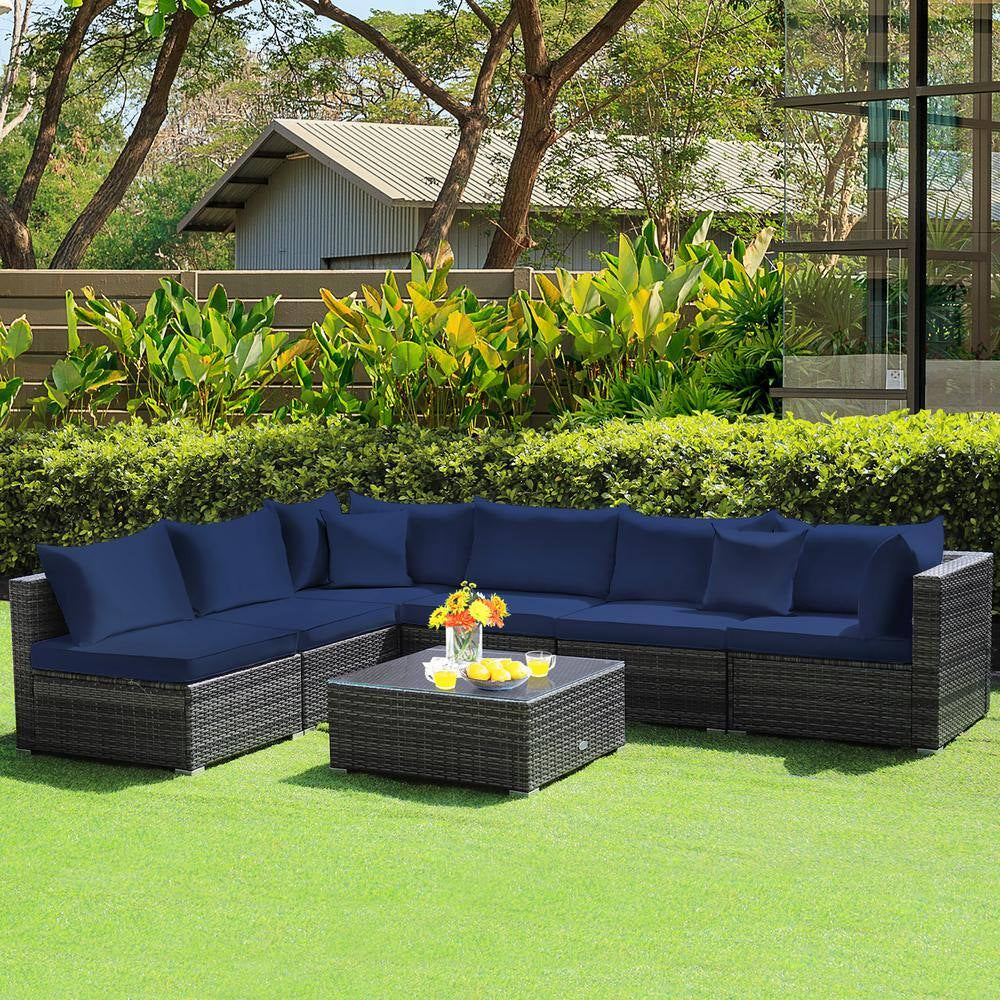 7-Piece Patio Rattan Furniture Set Sectional Sofa Cushioned Garden Navy