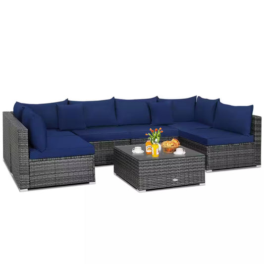 7-Piece Patio Rattan Furniture Set Sectional Sofa Cushioned Garden Navy