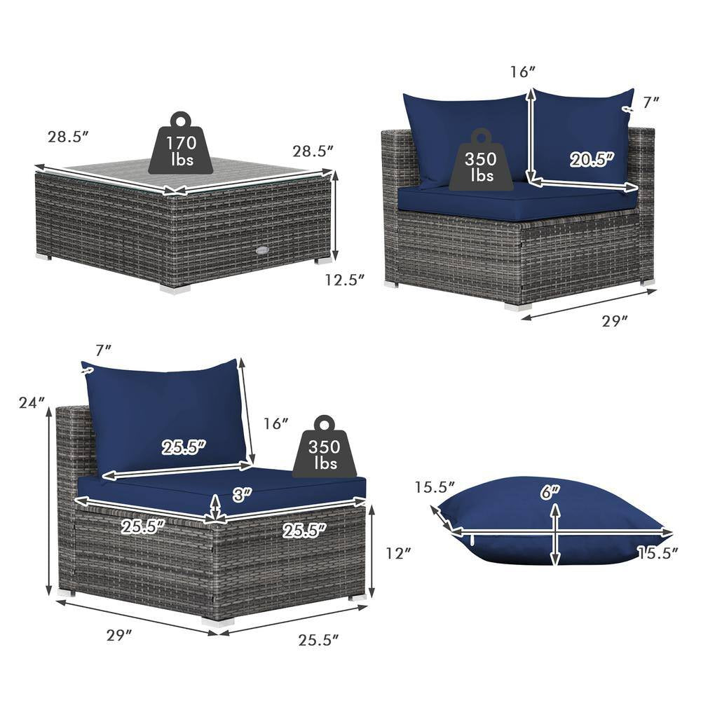 7-Piece Patio Rattan Furniture Set Sectional Sofa Cushioned Garden Navy