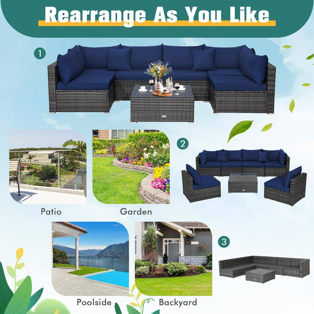 7-Piece Patio Rattan Furniture Set Sectional Sofa Cushioned Garden Navy